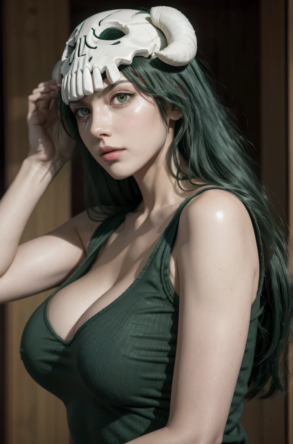 best quality, masterpiece, (lifelike:1.4), 1 17 year old girl, A faint smile, Dark green hair,Black lace leggings,Nipple protrusion,Wet,A lot of sweat,Marks,/Upscale,Height 175cm,Natural beautiful face,slim body,Pure white background,Fair and rosy skin,Messy Curls