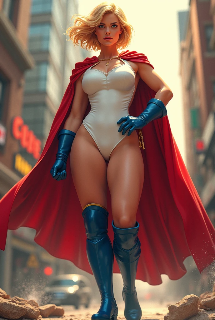 FULL BODY. A FEMALE WITH SHORT BLONDE HAIR, BLUE EYES WEARING A WHITE TURTLE NECK LEOTARD WITH LONG SLEEVES, A ROUND CLEAVAGE CUT OUT HOLE ON CHEST, BLUE GLOVES, BLUE BOOTS, A RED BELT WITH A GOLD CIRCLE, A LONG RED CAPE ATTACHED WITH GOLD CLASPS. GIGANTIC BOOBS. ABSURD 8K RESOLUTION, DYNAMIC BACKGROUND.

