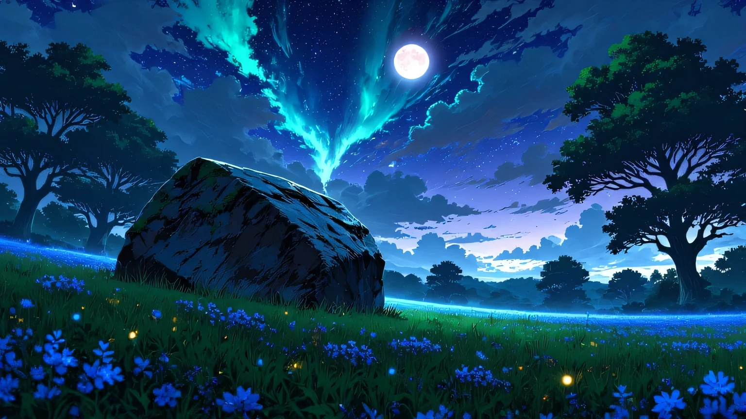 a large rock in a grassy field, with some trees and blue flowers, and a beautiful night sky with stars, a bright moon and an aurora borealis, night scene with some fireflies flying, the scene is frontal
