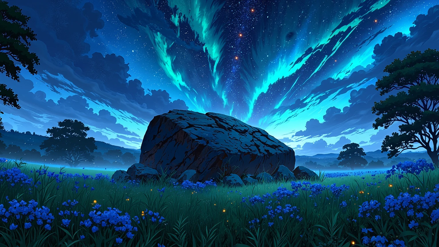 a large rock in a grassy field, with some trees and blue flowers, and a beautiful night sky with stars, a bright moon and an aurora borealis, night scene with some fireflies flying, the scene is frontal
