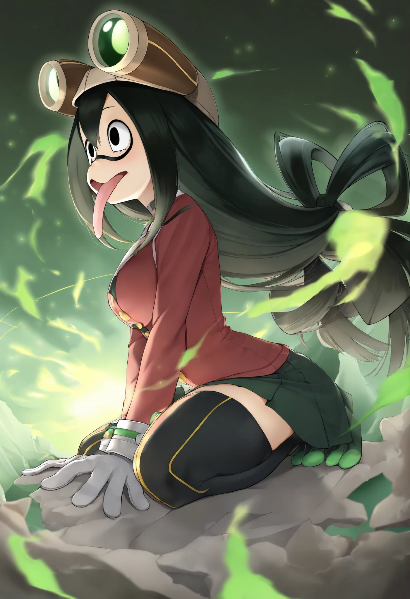 seguro_position, obra-prima, Best Quality, incredible quality, cinematic lighting, holographic colors , Colors Gradients , TAsui, 1 , Sozinha, focus, espesso, black eyes, asui tsuyu, black hair, May, My Hero Academy, medium breasts, shezfe, glasses, green May, long hair skirt, Mouth with tongue out, perky butt, round butt, rubor, de frente, looking at the spectator, full body , Thick thighs , spread her legs, alone