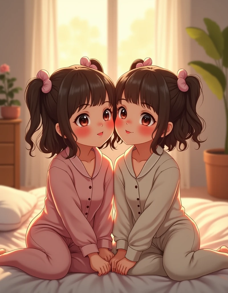 Two girls in silk pajamas