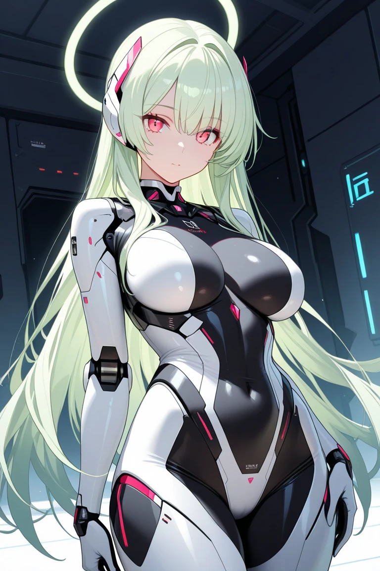 Masterpiece, High quality, High quality of art, anime lineart, 1girl,white hair, black eyes, white eyebrow, red eyeshadow, Tall, black cyber clothers, light gray cyber pants, big hips, big chest, very blush, white hearts in eyes, in future base, looking at viewer, smile, white skin, white hearts in eyes