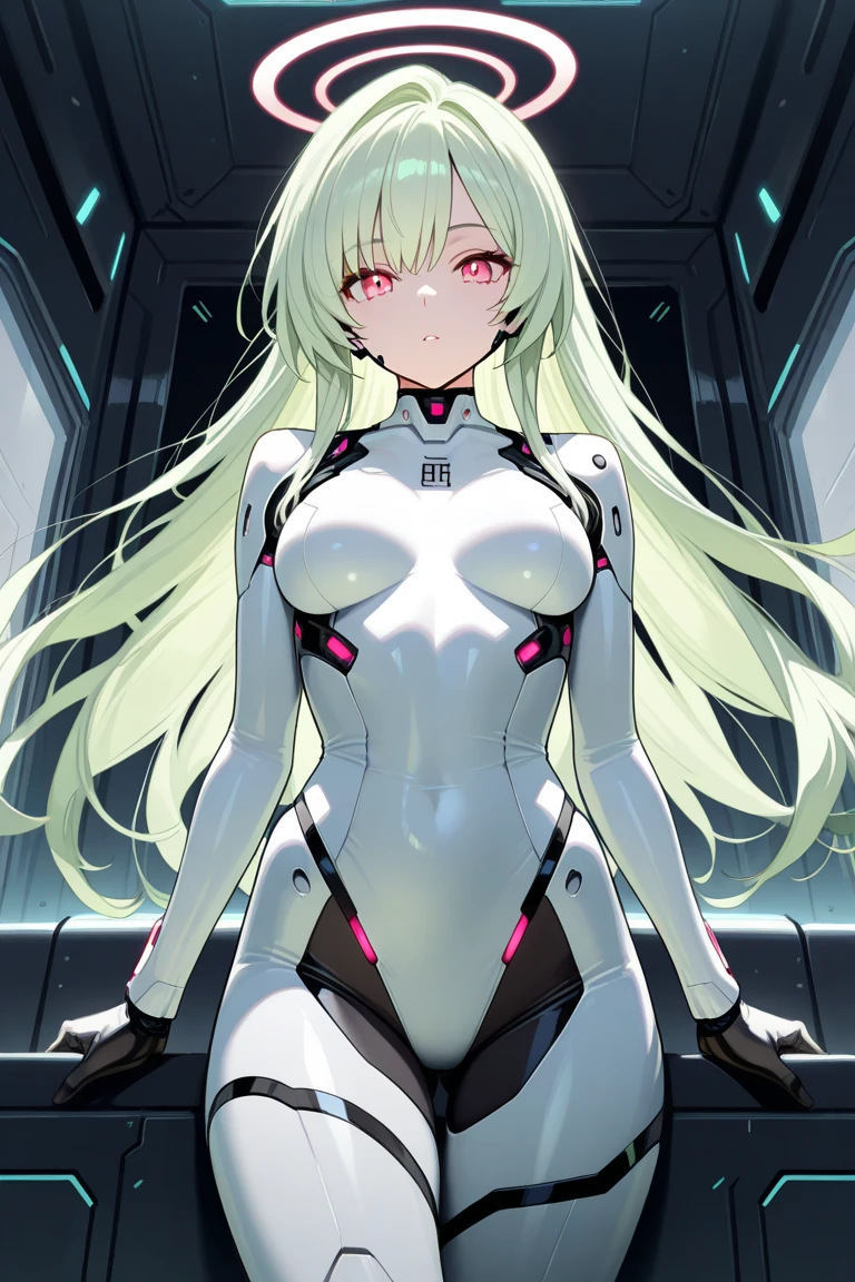 Masterpiece, High quality, High quality of art, anime lineart, 1girl,white hair, black eyes, white eyebrow, red eyeshadow, Tall, black cyber clothers, light gray cyber pants, big hips, big chest, very blush, white hearts in eyes, in future base, looking at viewer, smile, white skin, white hearts in eyes