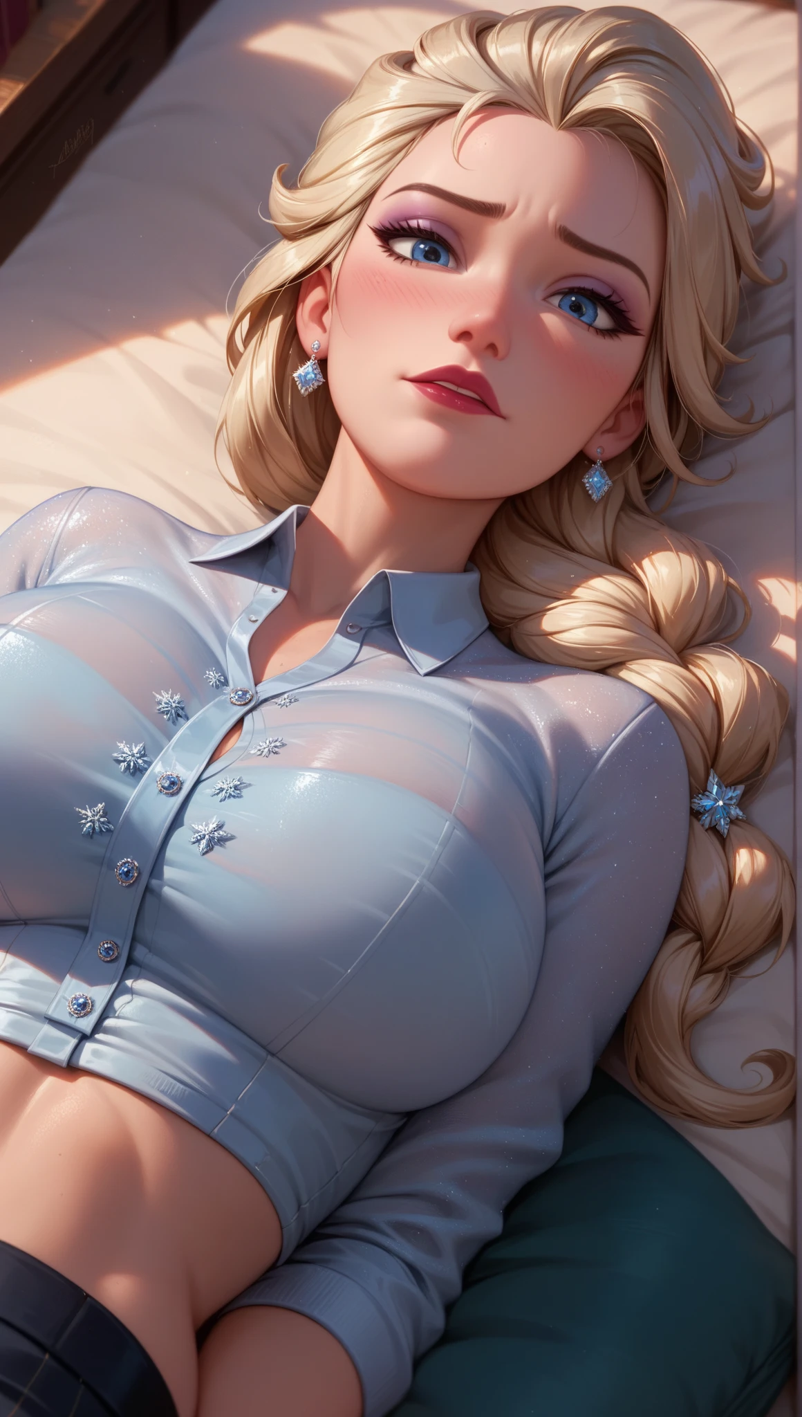 Solo, (detailed face), (long ginger hair), Blue eyes,(bunny ears:1.1), ((fluffy fur sweater)), (orgasm:1.1), (big breasts:1.3), blush, (fullbody), sexy pose, (cum:1.3), only two hands, open legs,
