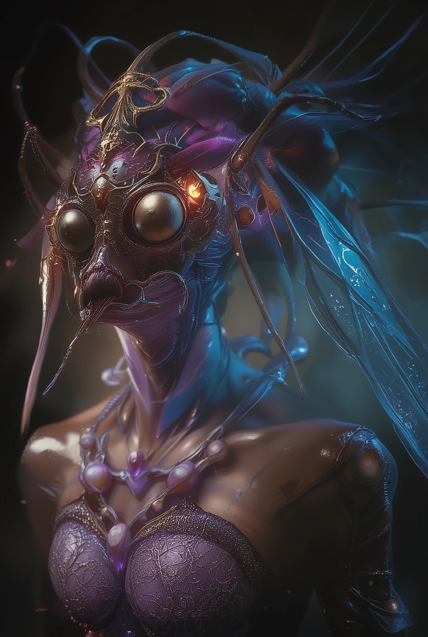(Best Quality, 4K, high definition, masterpiece:1.2), (super detailed, photorealistic looking happy:1.37), photo taken by professional photographer, a beautiful, extremely sensual queen of bugs, detailed facial features, elegant posture, alluring expression, best quality, 4K, high resolution, photorealistic, HDR, UHD, studio lighting, vivid colors, fantasy scene, dark atmosphere, dramatic lighting, intricate details, macro photography, insect portrait, neon colored