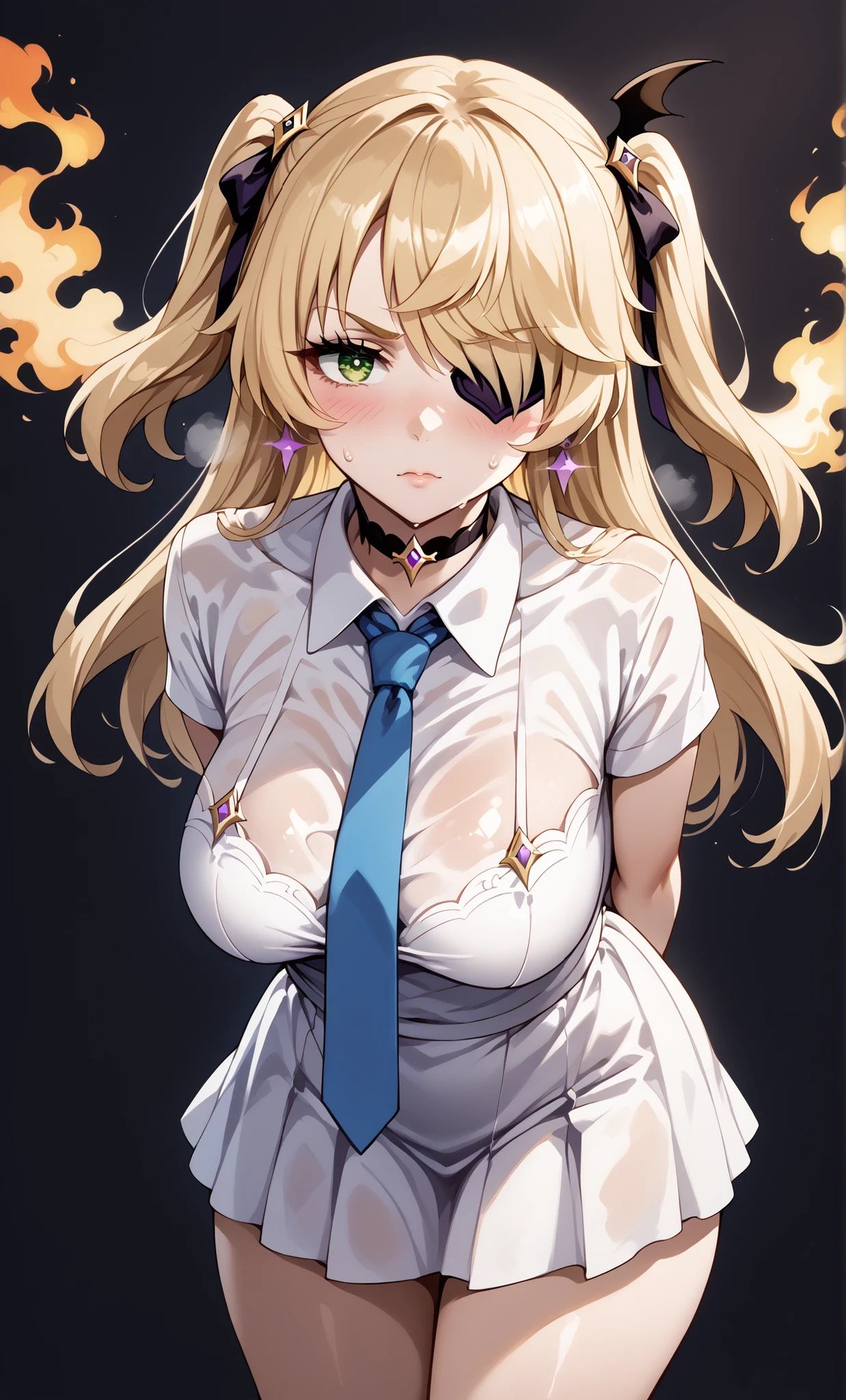 asuna ichinose, blonde hair, blue eyes, hair bow, hair ornament, hair over one eye, halo, long hair, mole, mole on breast, mechanical halo,, Live Stage, Big Breasts, BREAK bow, choker, collarbone, dress shirt, hair scrunchie, miniskirt, , scrunchie, shirt, skirt,, solo