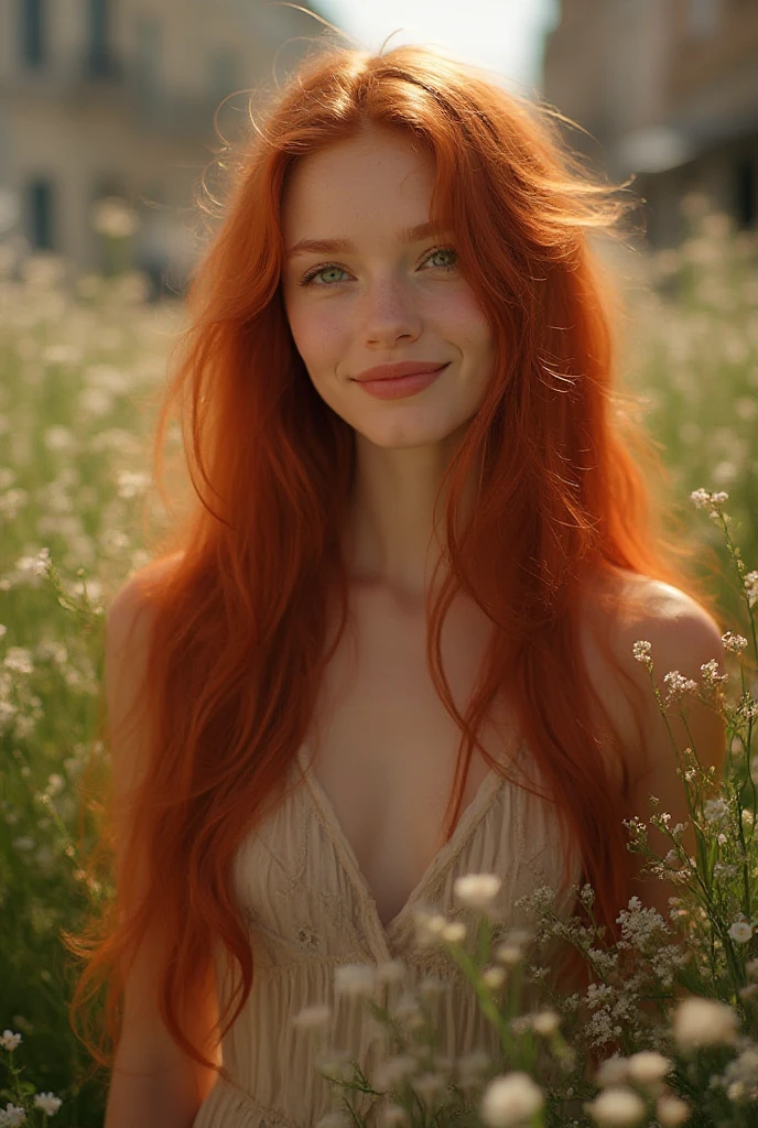 An 85mm portrait of a beautiful innocent skinny nude redheaded supermodel wearing a flower crown, sitting in a fields of flowers, hands above her head, small flat breasts, in a field, natural light, shadows, soft light, bokeh