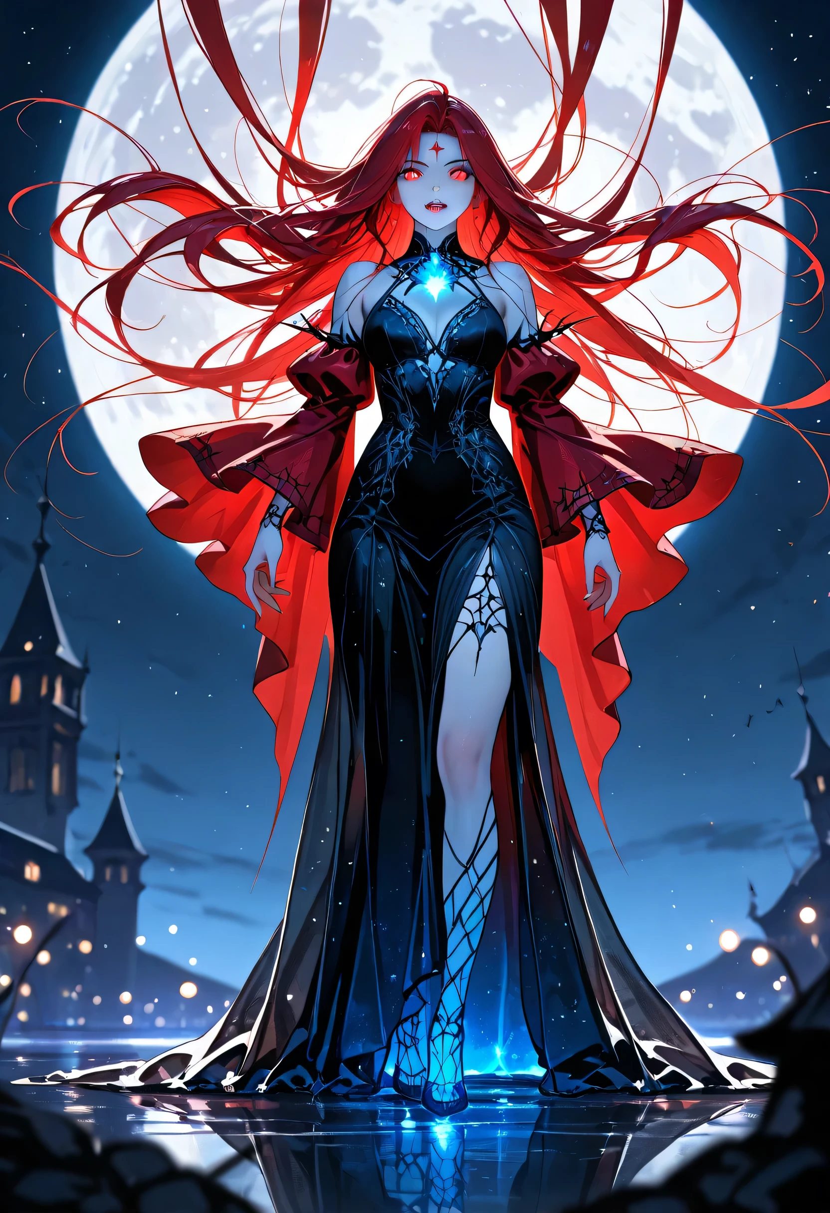 a picture of an exquisite beautiful female (nun: 1.3) vampire standing under the starry night sky on the porch of her monastary, action shot, dynamic angle (ultra detailed, Masterpiece, best quality), ultra detailed face (ultra detailed, Masterpiece, best quality), ultra feminine, (pale skin: 1.3), red hair, wavy hair, dynamic eyes color, cold eyes, glowing eyes, intense eyes, dark red lips, [fangs], wearing white nun habit (ultra detailed, Masterpiece, best quality), wearing blue cloak (ultra detailed, Masterpiece, best quality), long cloak, flowing cloak (ultra detailed, Masterpiece, best quality), wearing high heeled boots, sky full of stars background, moon, bats flying about, action shot, high details, best quality, 16k, [ultra detailed], masterpiece, best quality, (ultra detailed), full body, ultra wide shot, photorealism, dark fantasy art, dark fantasy art, gothic art, many stars, dark fantasy art, gothic art, sense of dread, bloodmagic