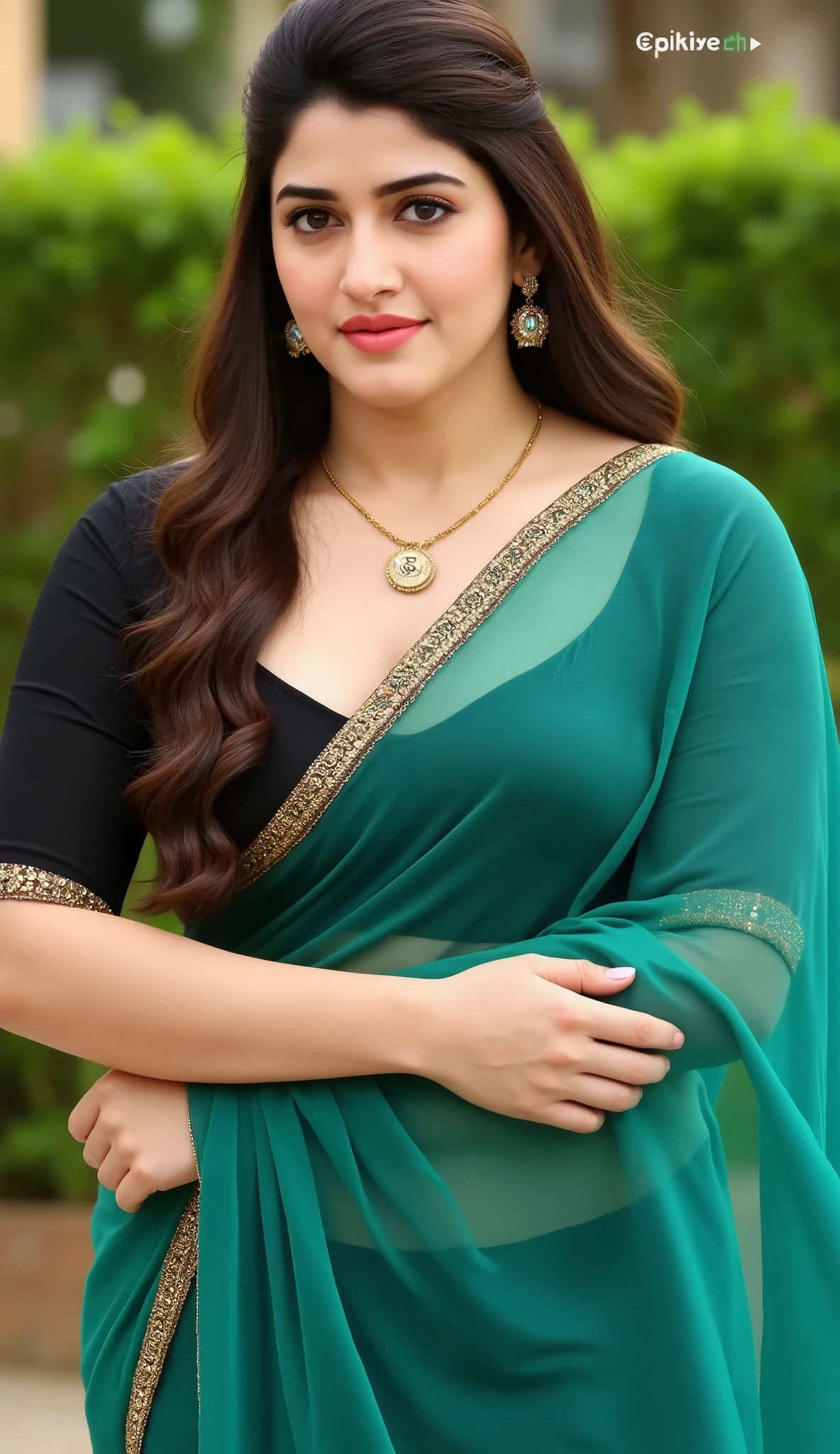 Hd realistic photo of Voluptuous Mature Indian desi Aunty with white skin, wearing very deep low neck black shining silk blouse and reflective glossy shining Sea green transparent Saree, showing her large Cleavage and navel,nipples projection over blouse, Hair messed up, nice curves, standing in a beautiful garden,red lips,big breast, huge breast, big ass, huge ass, big thighs, bulging ass, full body image,side view of women Her hair is neatly pulled back into a bun. She accessories with simple gold jewelry, including a gold chain with a love symbol locket and matching earrings.
