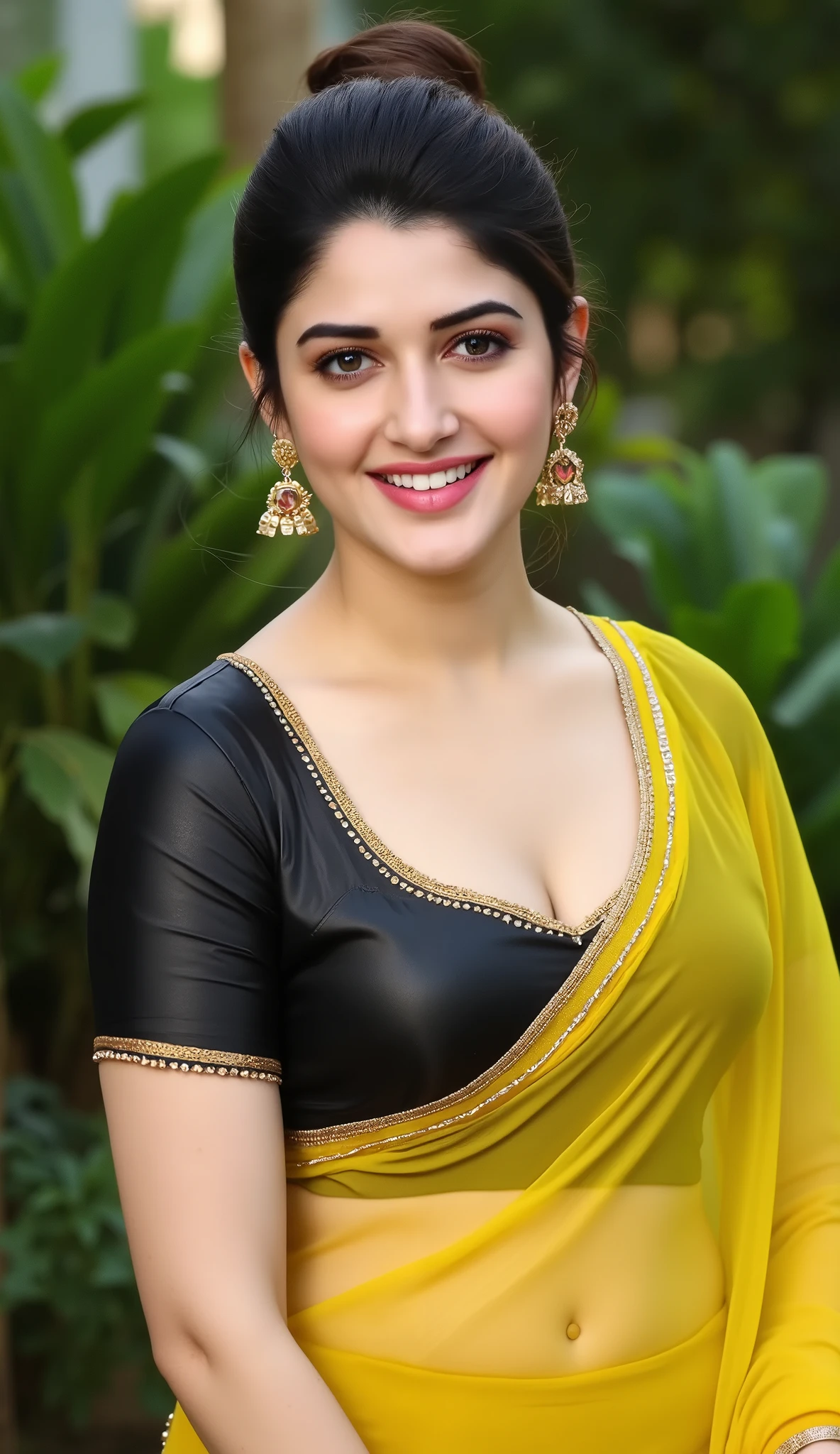 Hd realistic photo of Voluptuous Mature Indian desi Aunty with white skin, wearing very deep low neck black shining silk blouse and reflective glossy shining mustard color transparent Saree, showing her large Cleavage and navel,nipples projection over blouse, Smiling, Front view, looking at the camera,Hair messed up, nice curves, standing in a beautiful garden,red lips,big breast, huge breast, big ass, huge ass, big thighs, bulging ass, full body image,side view of women Her hair is neatly pulled back into a bun. She accessories with simple gold jewelry, including a gold chain with a love symbol locket and matching earrings.