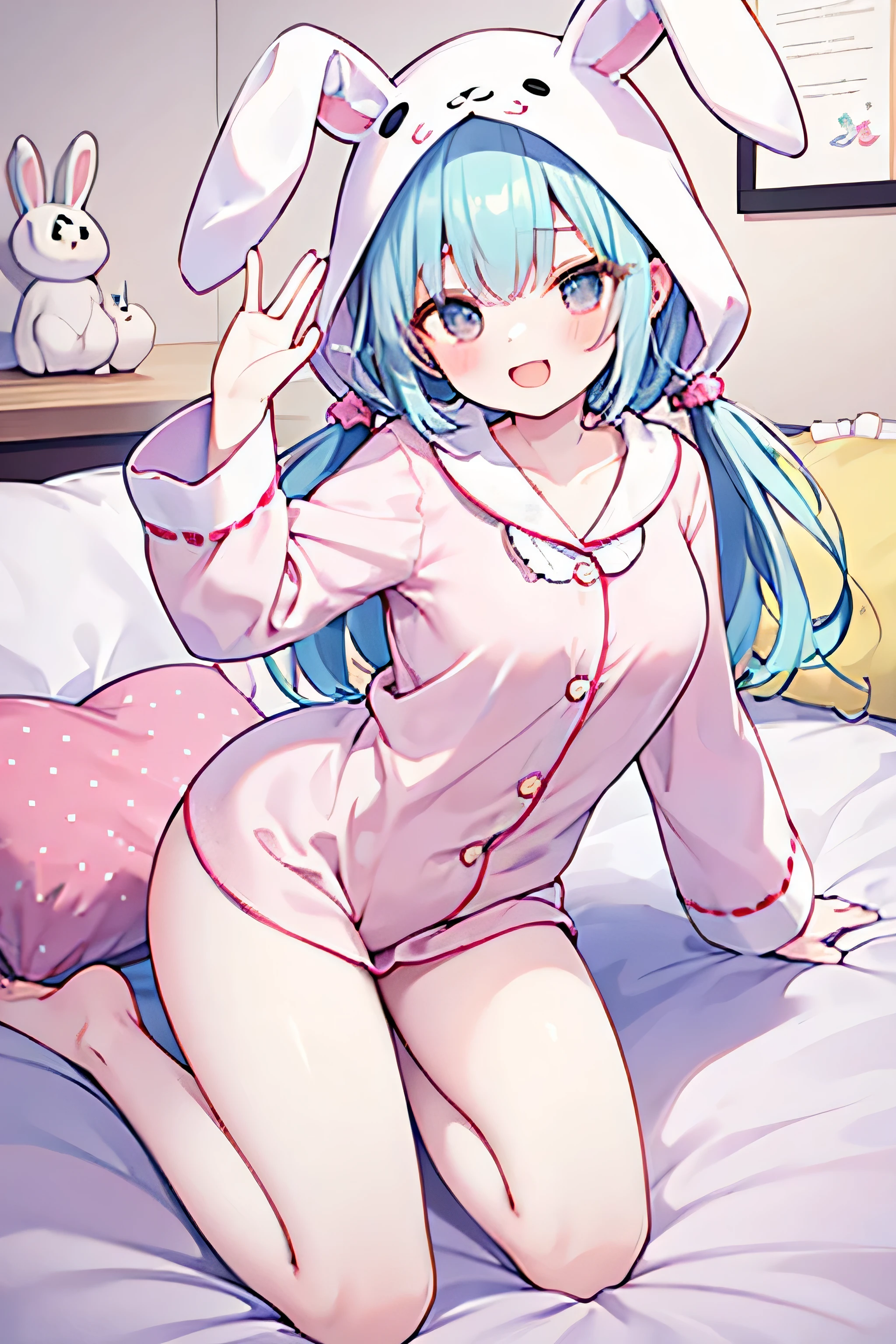 A cheerful girl in mid-air, dynamic pose with legs bent — left leg raised behind, right leg forward, both feet pointed. Her torso leans forward, right arm bent near her chest, left arm extended outward. She wears a cute pastel-colored pajama set with a bunny hood and long sleeves, soft fabric, playful and cozy look, conveying joy and comfort. fullbody, thicc, thicc body