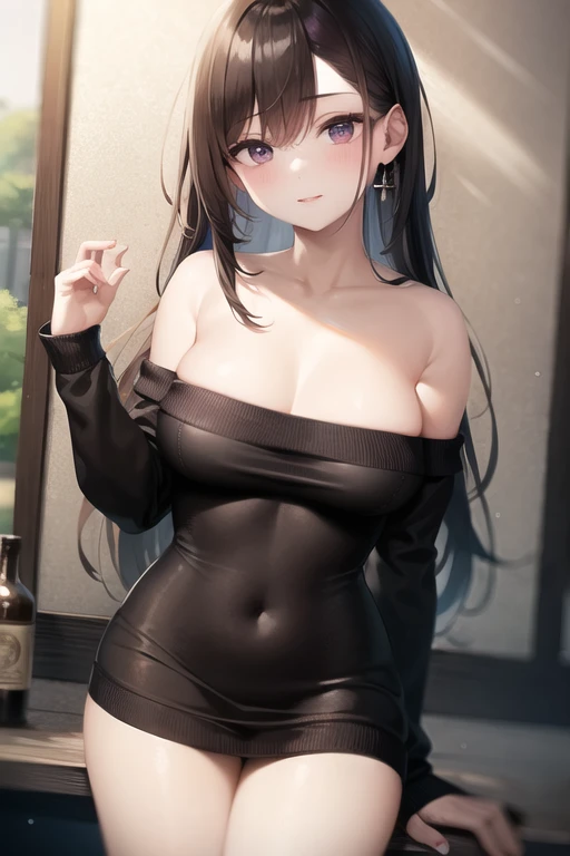 A 19-year-old Italian woman、olive-toned healthy skin。sleek and rich dark brown hair。Bright, pale blue eyes。moderately toned physique、Balanced proportions。A cute outfit with a sexy, tight-knit dress。expression is bright and lively。The background is a forest at night。