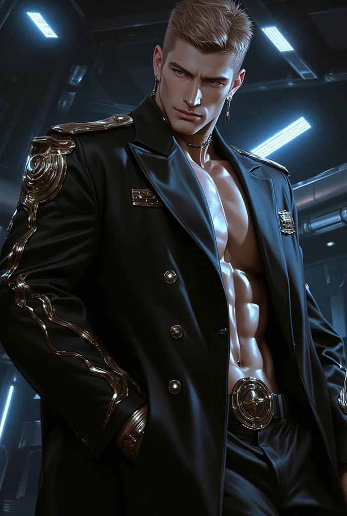 (Best quality,4K,8K,A high resolution,Masterpiece:1.2),Ultra-detailed,(Realistic,Photorealistic,photo-realistic:1.37), Cyberpunk style heroine, The alpha male is completely naked in the cockpit of the robot, The alpha male lies completely naked in the cockpit of the robot, legs are open, Perfect gaze, The muscular body is covered in sweat, Dirty nails, Rough skin, Exhibit the entire robot cockpit, Handsome face, High-tech, The driver of the robot, Intricate, Daring, tack sharp focus, photography of:Greg Rulkhovsky, Soft lighting, Vibrant colors, Masterpiece."
