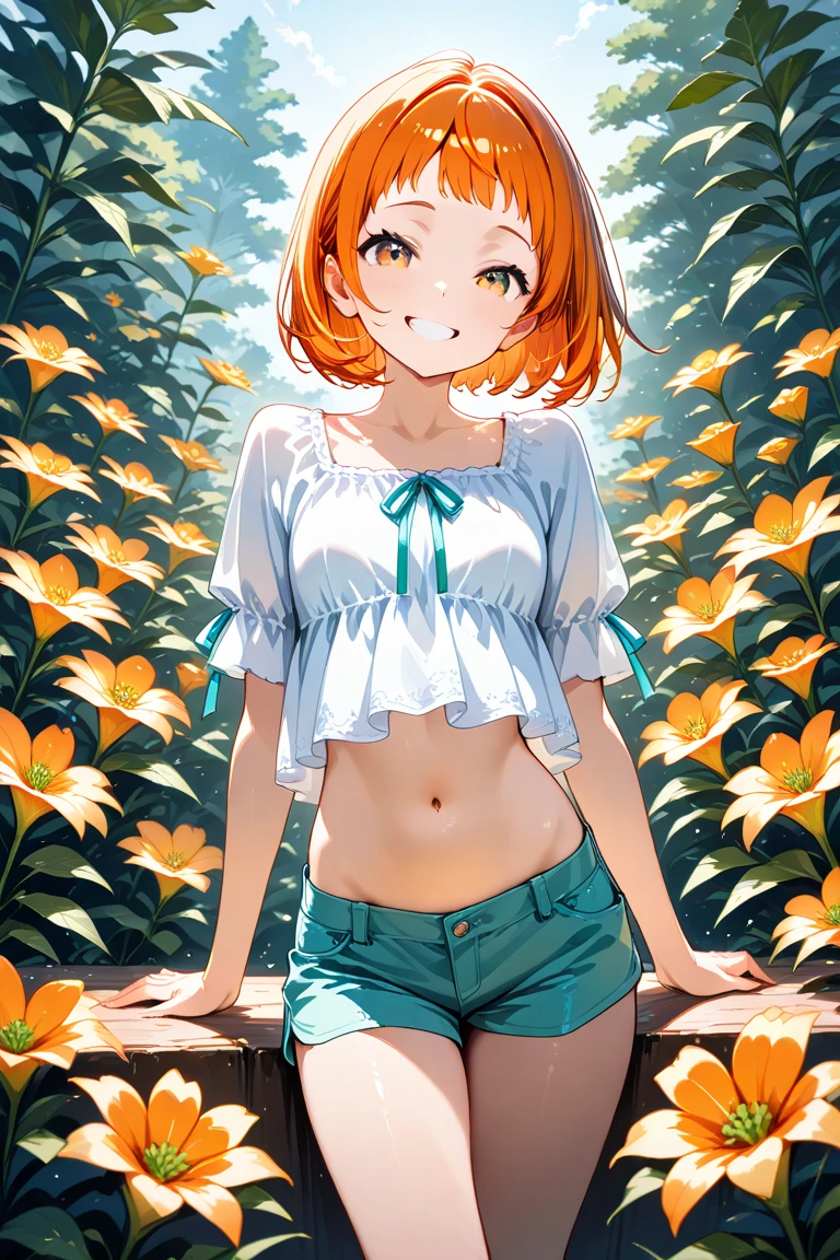 Ultra-realistic 8k CG, masterpiece, best quality, ((very detailed face)), (photorealistic:1.4), ((yelow eyes)), absurdres, RAW photo, film grain, pov, extremely detailed, sunshine, 1girl, ((long hairs)), ((orange hairull naked)), posing, happy smile with teeths, smirk, embrassed, perfect lighting, lipstick, ((nature)), detailed background, ((small breast)), flat_chest, ((detailed legs)), ((slim body:1.4)), ((short hairs)), ((perfect clean skin)), ((detailed nipples)), hair ornament, ((detailed )), ((hands behind head)), ((cute young face:1.3)), contrast lighting, wild nature, grass, ((????? :1.2)), ((????? vagina)), ((detailed )), ((sunburn)), ((muscle stomach)), ((muscle cubieriliant colorog, depth of field, flowerlowers field)), ????? feets, ((ass demonstrate)), ((????? ass)), ((pov asox ears)), detailed handrom behind)), ((On All Fours)), ((on grasagic forest)), fantasy, ((forest glade)), ((wild forest)), ((shaved skin)),