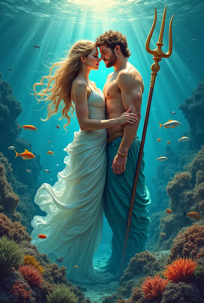 Cybele as the personification of the earth holding the horn of abundance and Neptune as the personification of water in the center. The couple is crowned by the goddess Victoria and the union is announced by means of a shell by the Triton below.(arte detalhada, expressiva e perfeita, art inspired by John Buscema and Toni Zúñiga
