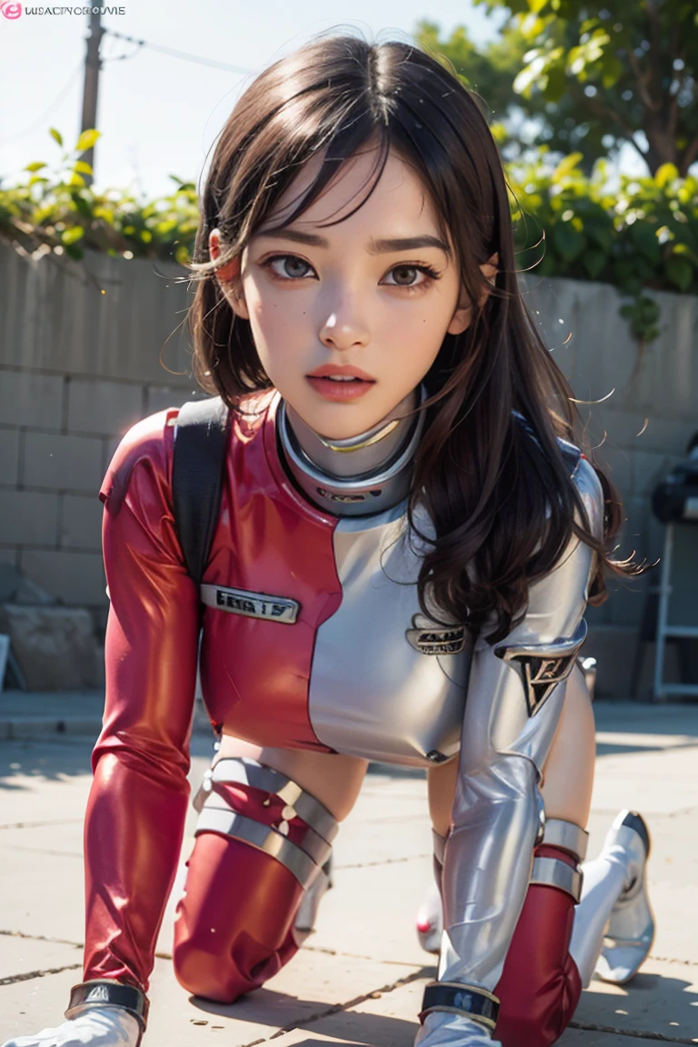 best quality, mastery:1.2), (realistic, photo-realistic:1.4),(masterpiece:1.4),(best quality:1.4),1girl, solo, :d, Ear headphones, beast ear, Arms up,By bangs,Be red in the face,Tights,rabbit pose,Clothes writing,Cover the navel,cowboy lens,Cropped jacket,fakeanimalears,mitts,exteriors,Morning,yuki,hair intakes,Earphone,Impossible tights,Impossible clothes,jaket,huge tit,latex,latex body suit,long whitr hair,longer sleeves,looking at viewert,Multicolored gloves,with her mouth open,Pink tights,Pink eyes,red color eyes,red blous,shinning clothes,shrug\(The clothes ar\),sidelocks , tight-fitting, ssmile, Thigh crevices, upper legs, dual horsetail, Very long hair, whitegloves, White hair, alice\(nikke\),(shiny skin), realisticlying,wears glasses,By bangs,thin very long legs,Dark eye makeup,Petite,Extremely thin,Very thin,As thin as a whipping post,鎖骨,Vest line,30 age old