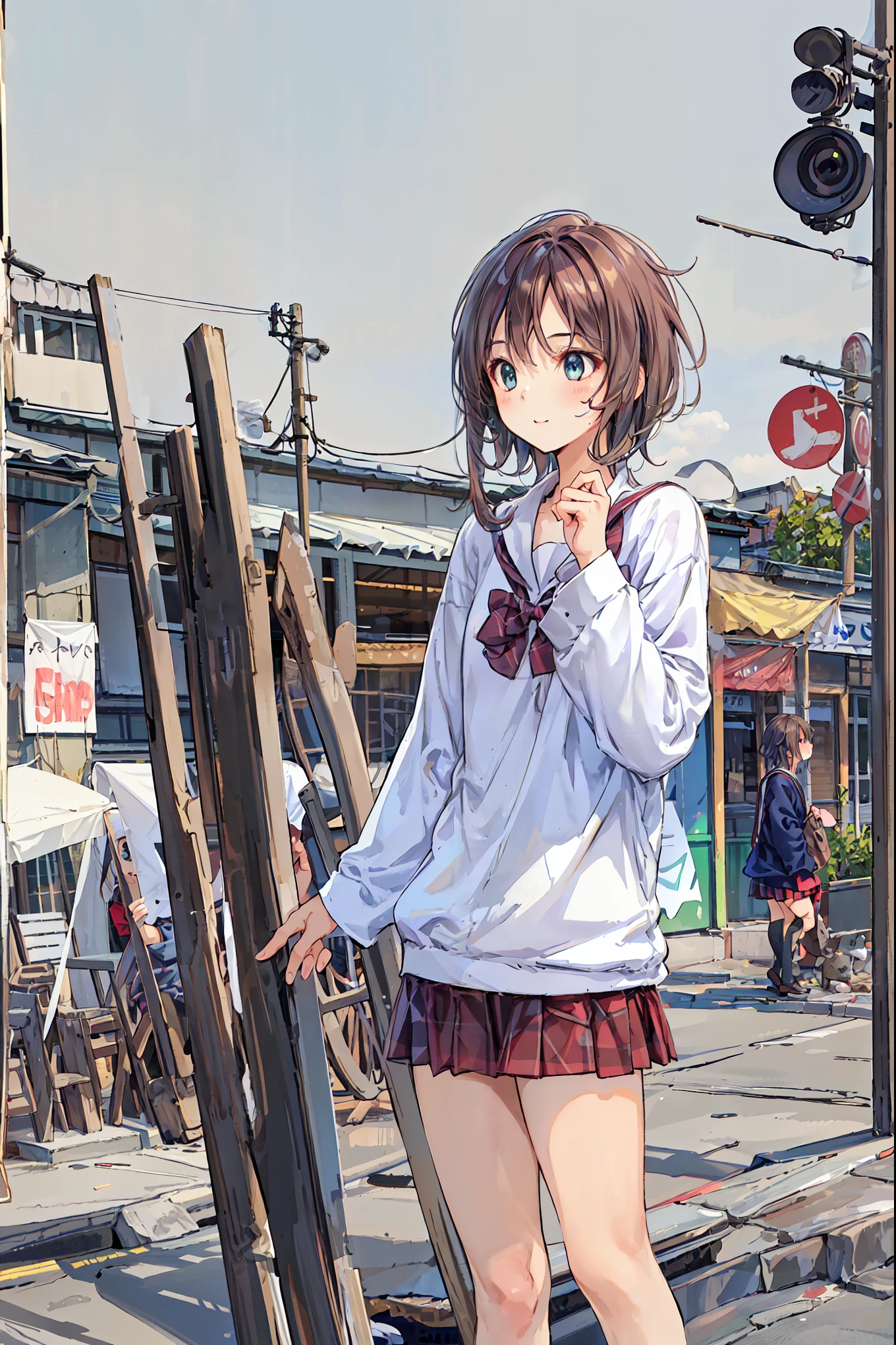 brown hair,shortcuts,messy hair, slender beauty ,hole々 Positive Attitude ,Small box,Beautiful Legs, her enchanting grayish blue eyes shine like stars.,(masterpiece:2.0), (Best Quality:2.0), (super miniskirt, Super short, girls' school uniform:1.5), (sidemap:1.5), (Sexy Poses:1.5), ( red face:1.3), (realistic:1.5), 1 , Precision small handle, Embarrassing appearance , smile, Very nice girl, innocent face, like々Funny face, Clear Eyes, Sparkling Eyes, Small box, beautiful hand skin, super resolution, highest resolution, Japanese high school students , blazer uniform,brown hair, do