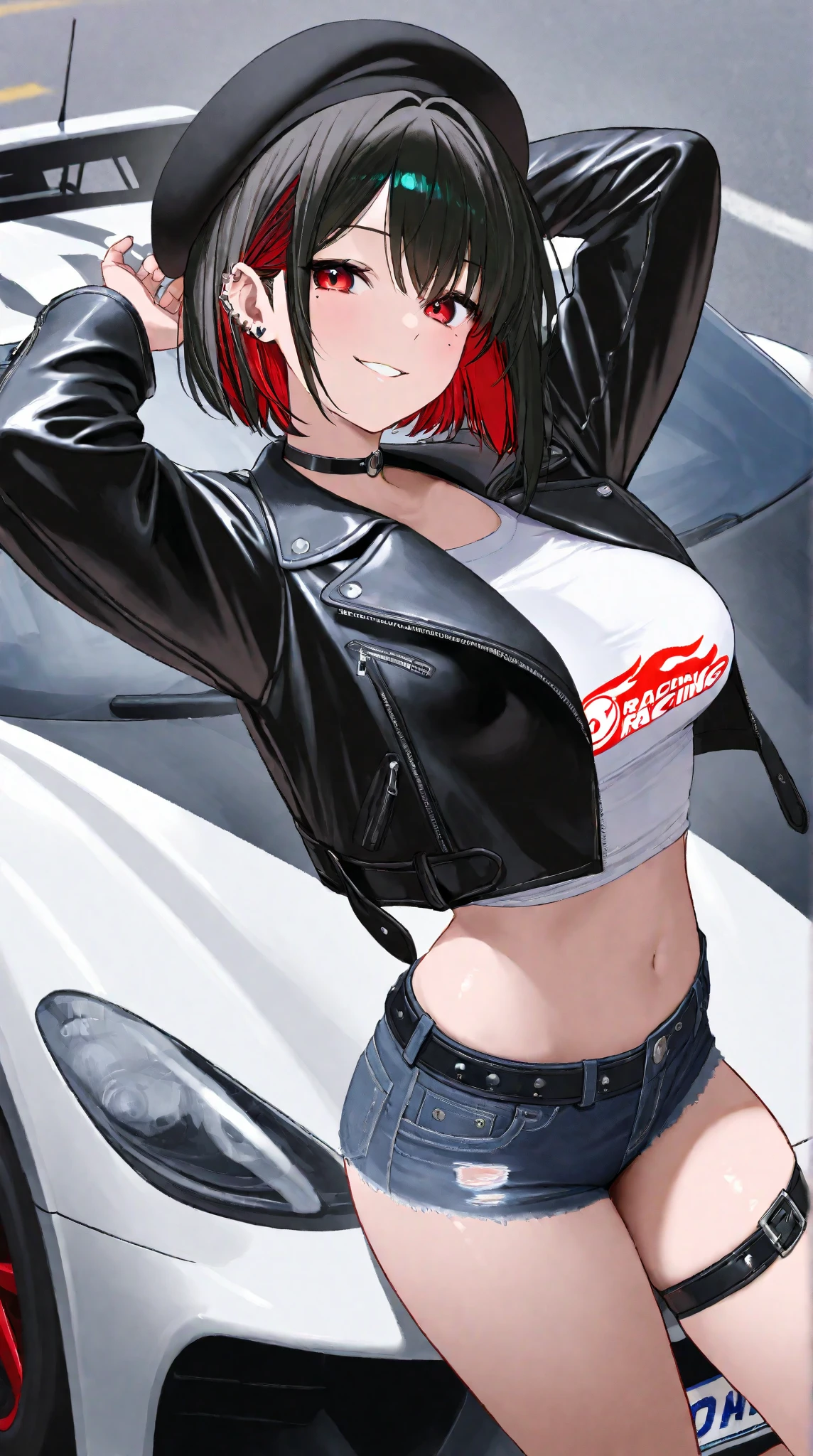 rider, Black Leather Jacket, Big Tits:1.5, Big Tits:1.5, Big Tits:1.5, Misaka Mikoto, 1girl, black choker, uhd, retina, masterpiece, ccurate, anatomically correct, textured skin, super detail, high details, high quality, best quality, highres, 4K