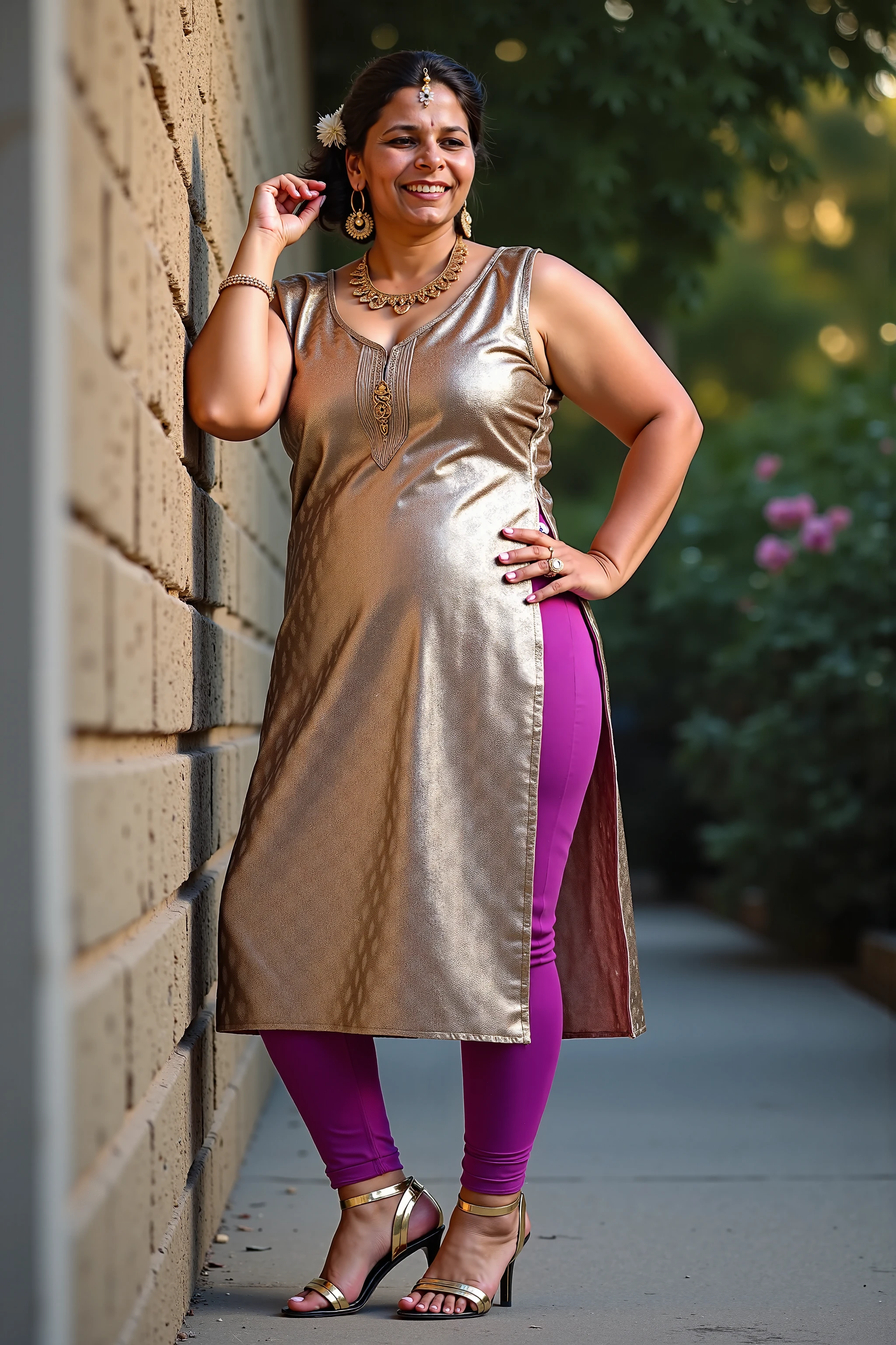 Day scene, A radiant, full-figured South Indian 3 aunty a brown colour chiffon fully transparent kurta, bra visible through kurta, ,standing, in a office captured in a full-body image with vibrant hues and meticulous details. Full body image