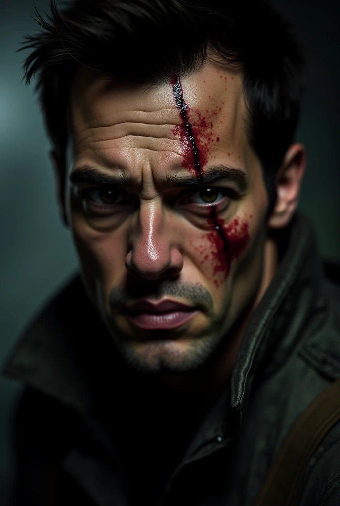 realistic portrayal of Batman emerges, his face twisted into a zombie-like visage, his suit tattered and worn man