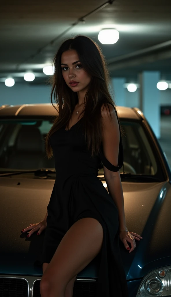 Beautiful girl in black dress in black tights with her hands behind her head near the police car