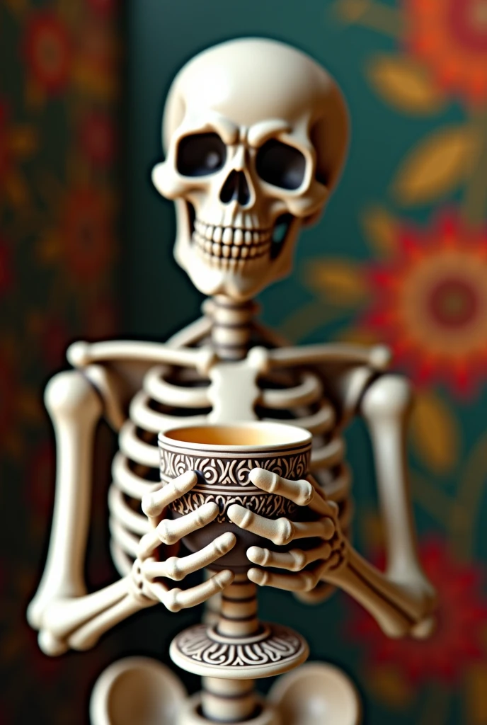Human skeleton with long hair drinking coffee