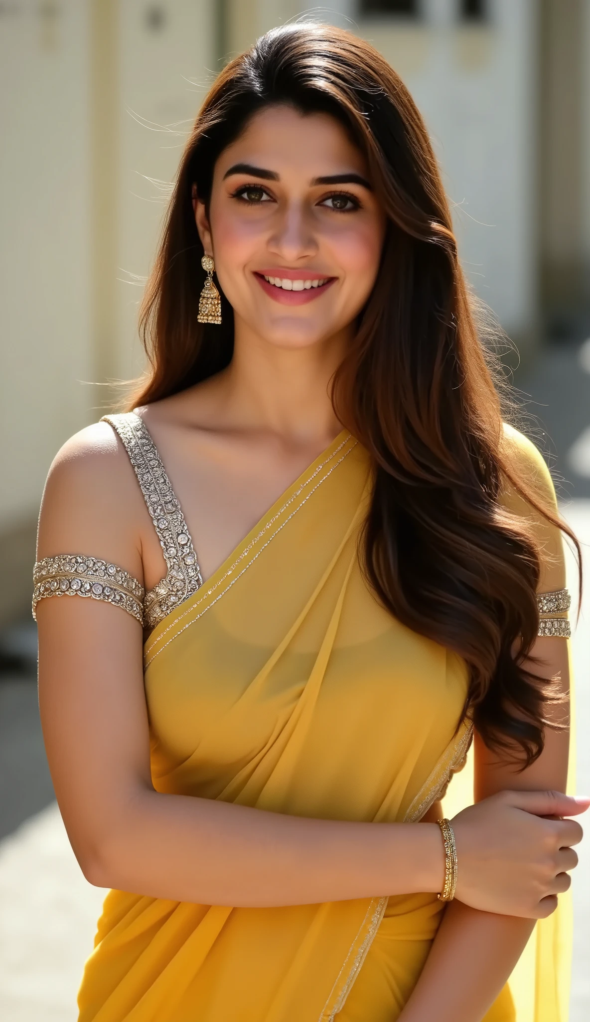 A stunning Indian wife with fair, glowing skin, wearing a silky, deep-cut saree blouse that reveals her full, round breasts. Standing outdoors under bright sunlight, she faces the camera confidently, her saree draped loosely to enhance her curves. Her elegant earrings and necklace shimmer as she smiles seductively, the radiant background making her figure stand out."
