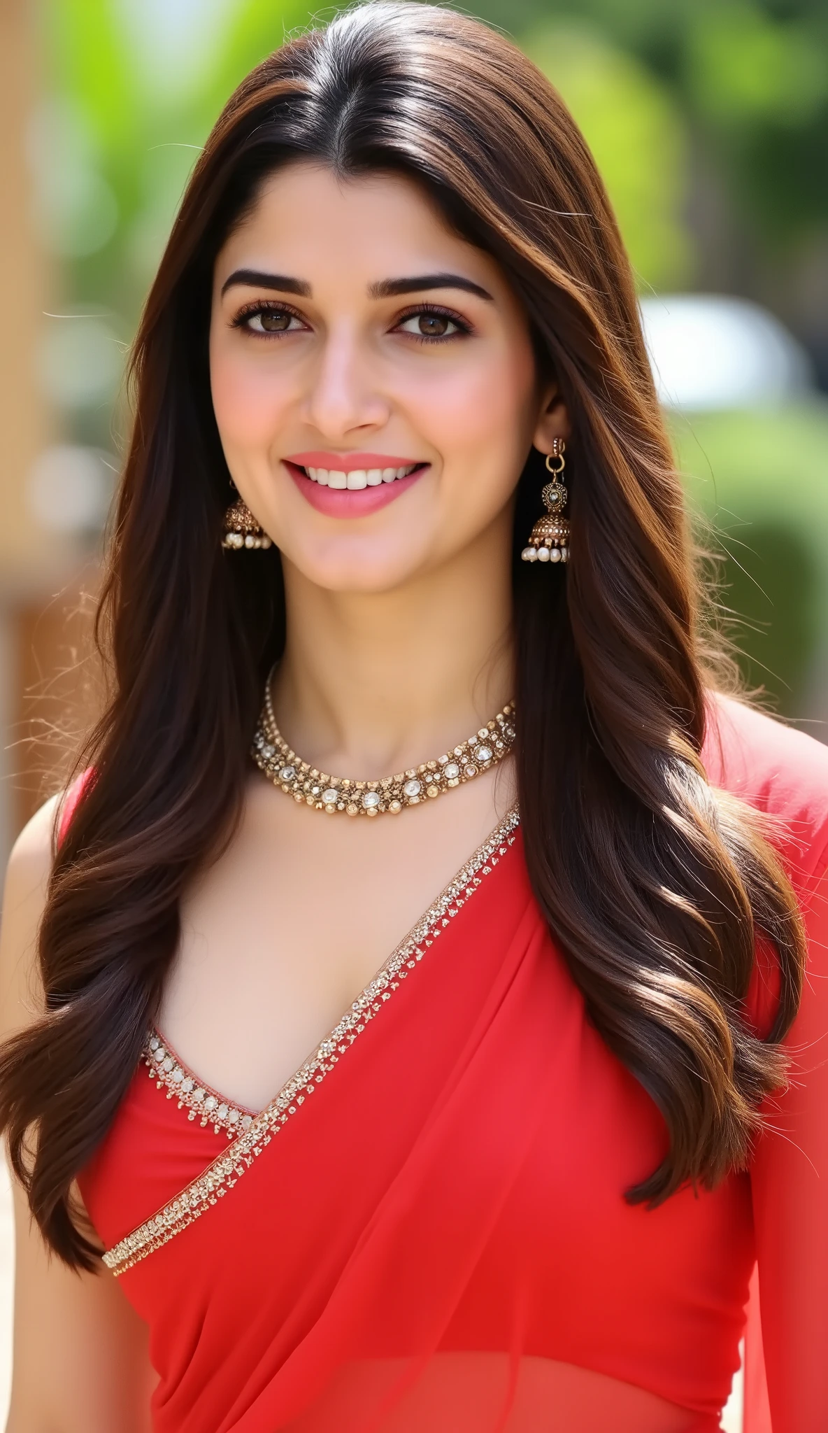 A stunning Indian wife with fair, glowing skin, wearing a silky, deep-cut saree blouse that reveals her full, round breasts. Standing outdoors under bright sunlight, she faces the camera confidently, her saree draped loosely to enhance her curves. Her elegant earrings and necklace shimmer as she smiles seductively, the radiant background making her figure stand out."
