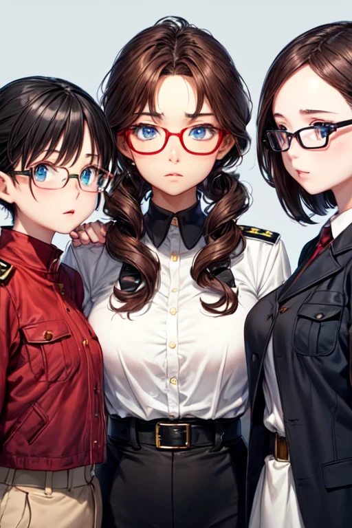 Human-like,Movie Poster,Real,(Face Resolution),Adult,Woman,25 years old,Dark green eyes,Dark black hair,Red glasses,(Double Braid hairstyle),(Smooth bang shape:1.4)),Commander uniform,Commander uniform,Standing at the Air Force Airfield,Science fiction,Sci-fi,(Reference to the film Foundation)