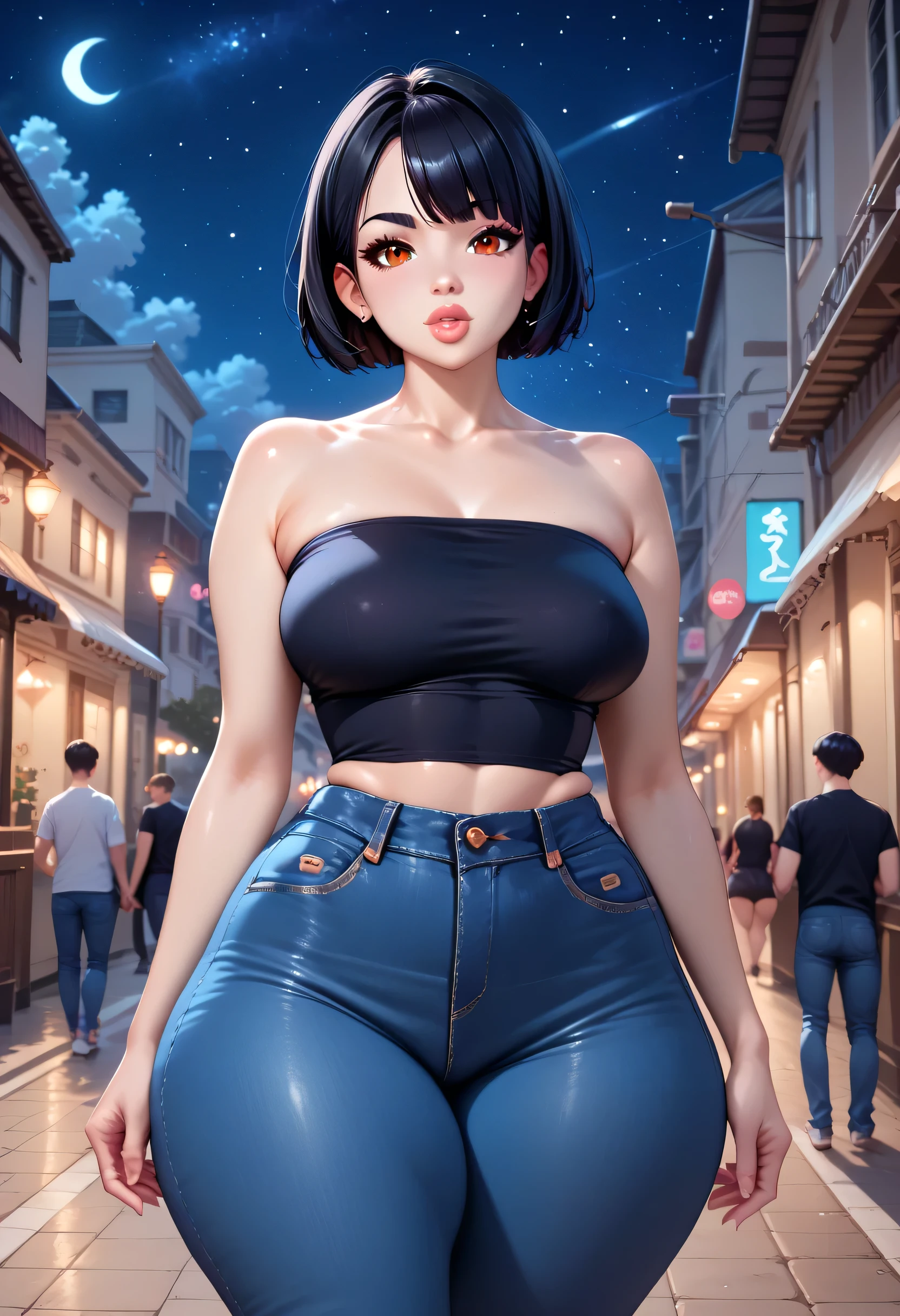 perfect body, black hair, short hair, black thin eyebrows, brown eyes, black eyelashes, black eyeliners, nose, thick lips, collarbone, medium breasts, black tube top, blue denim jeans, short jeans, (thick thighs:1.3), (standing), ((night sky, new york city, street))