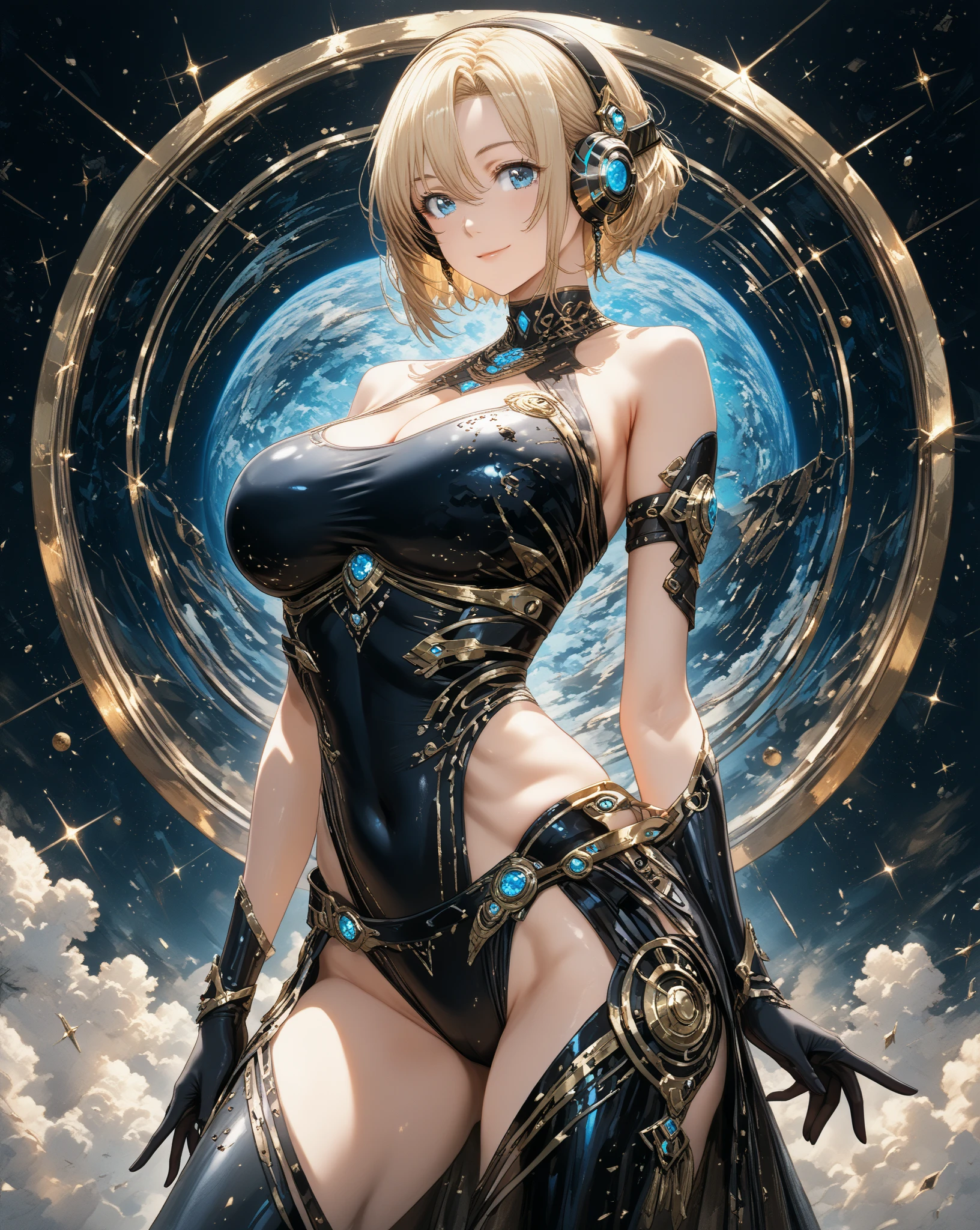 Highest quality, Highest quality, 16K, Unbelievably absurd, Very detailed, 2.5D, delicate and dynamic, universe, planet, war, universe戦艦ヤマト, 鮮やかな色のplanet, Tiny faint lights and colorful meteors, space ships, universeステーション, Very delicate facial expressions, Delicate eye depiction, Upper body close-up,, erotic, dynamic sexy poses, Only sexy women, Healthy body shape, 22-year-old woman, Commander, Height: 170cm, Large, firm, swaying bust, Clear glass helmet, クリスタルの半透明のuniverse服, gun, 複雑な構造のuniverse服, カラフルなuniverse服, Battle Scenes