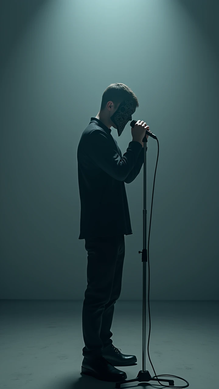 Generates an image of a person singing on a dark stage. The background is black and minimalist, with a dim light focused on the person. He is standing in the center of the stage, holding a microphone with one hand, while the other is raised in an expressive pose. The person is wearing dark, tight clothing that blends in with the environment, but the highlight is a metallic mask that covers his entire face, with a futuristic design that emits a slight blue glow. The lighting creates a strong contrast, highlighting the figure against the shadowy background, conveying a feeling of mystery and power."