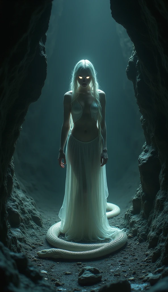 Alligator head witch with woman body, com garras, alligator head and a horrifying voice, long and messy white hair, pale skinned, Corpo inteiro, sombrio, in front of a huge boiling cauldron, cem uma caverna, imagem 4k