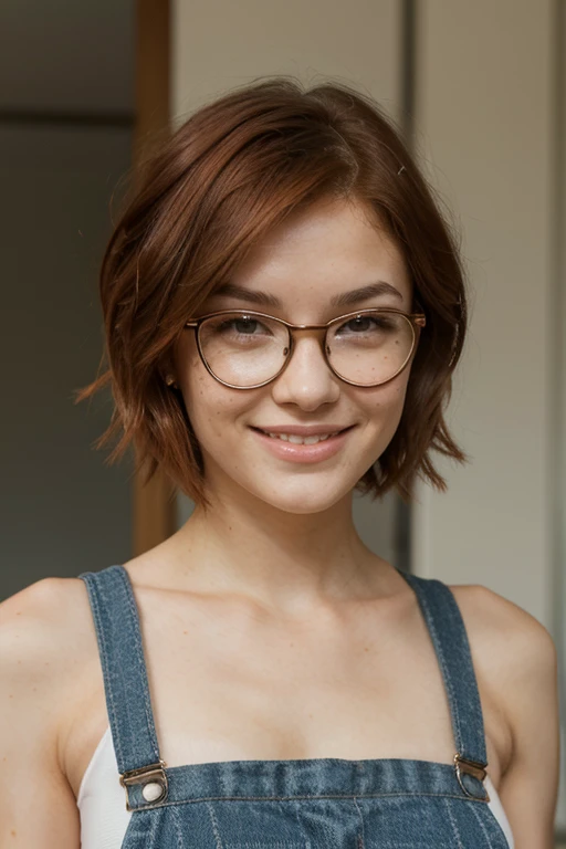 Balding girl with short red hair, monster teeth, and glasses