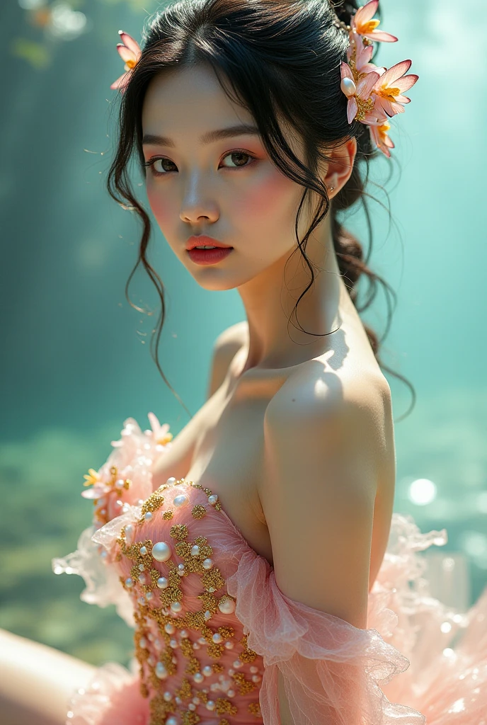 Girl in pink lingerie underwater,masutepiece, Highest Quality, (((masutepiece))), (((Maximum level))), ((extra fine)),, ((Extremely delicate and beautiful)), Dynamic Angle, floating, , (Beautiful detailed eyes), (Detailed light), (1 girl), large boob, Long whit hair, dark brown sparkling eyes, black colored hair, natural, (Sunlight),, slight smile, Pastel colors, FULL ANATOMY