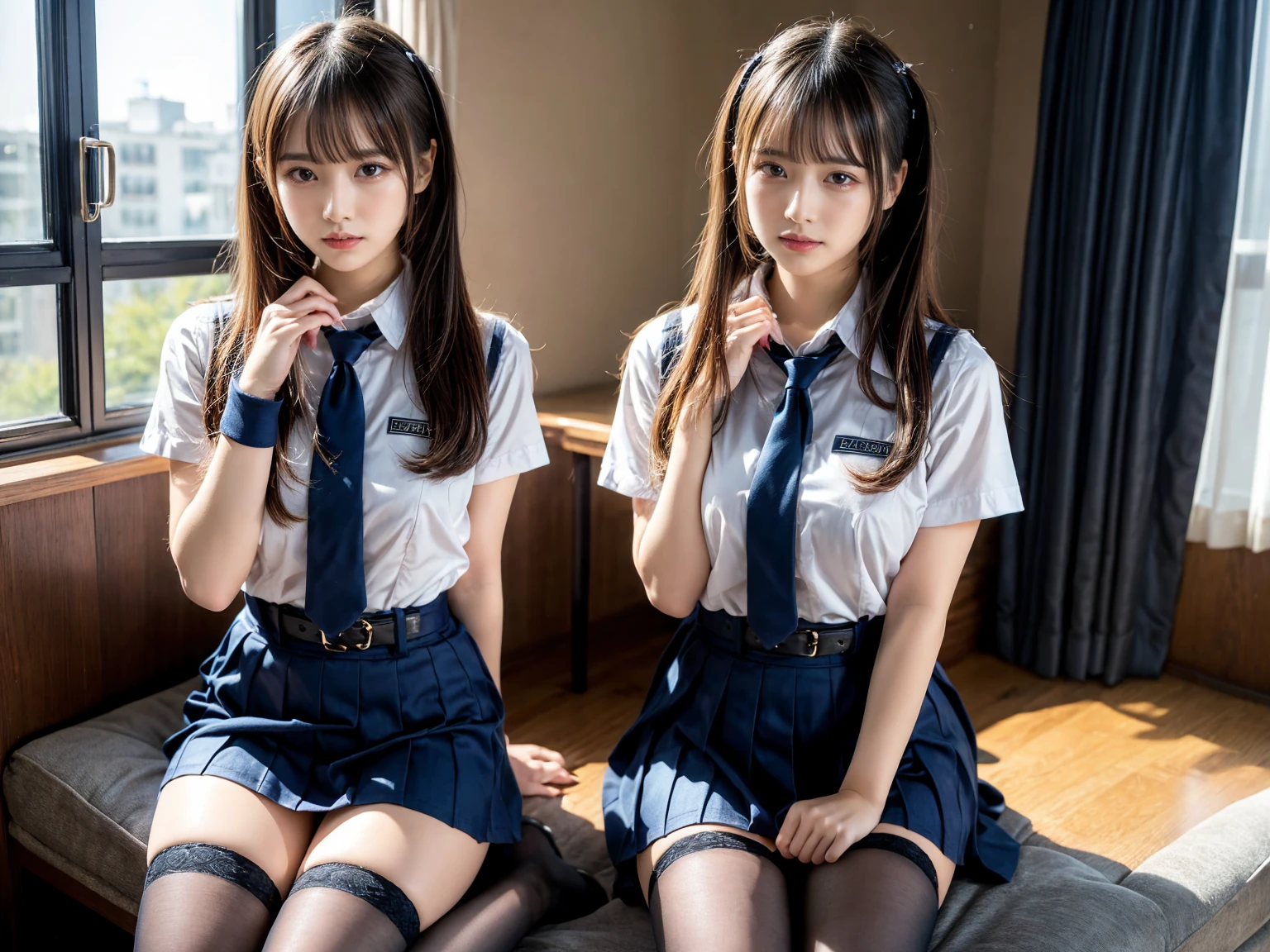 (Best Quality, ultra hyper-detailed, Illustration, Maste Piece),‎Classroom、
drapes, Stockings, 2 girls in,School Uniform, school skirt,Open legs,show pantie