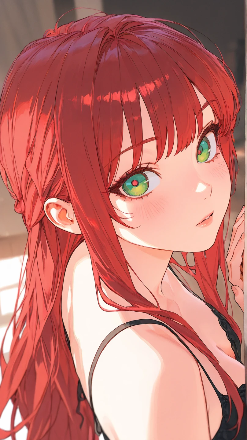a close up of a woman with red hair and a white top, amouranth, better known as amouranth, young beautiful amouranth, with pale skin, redhead girl, red head, anna nikonova aka newmilky, she has long redorange hair, soft flawless pale skin, pale glowing skin, with red hair and green eyes, (Masterpiece), (best detail), (Best quality), (((aquarelle))), Watercolor background, cheerfulness, Young and good-looking, (Vintage background)
