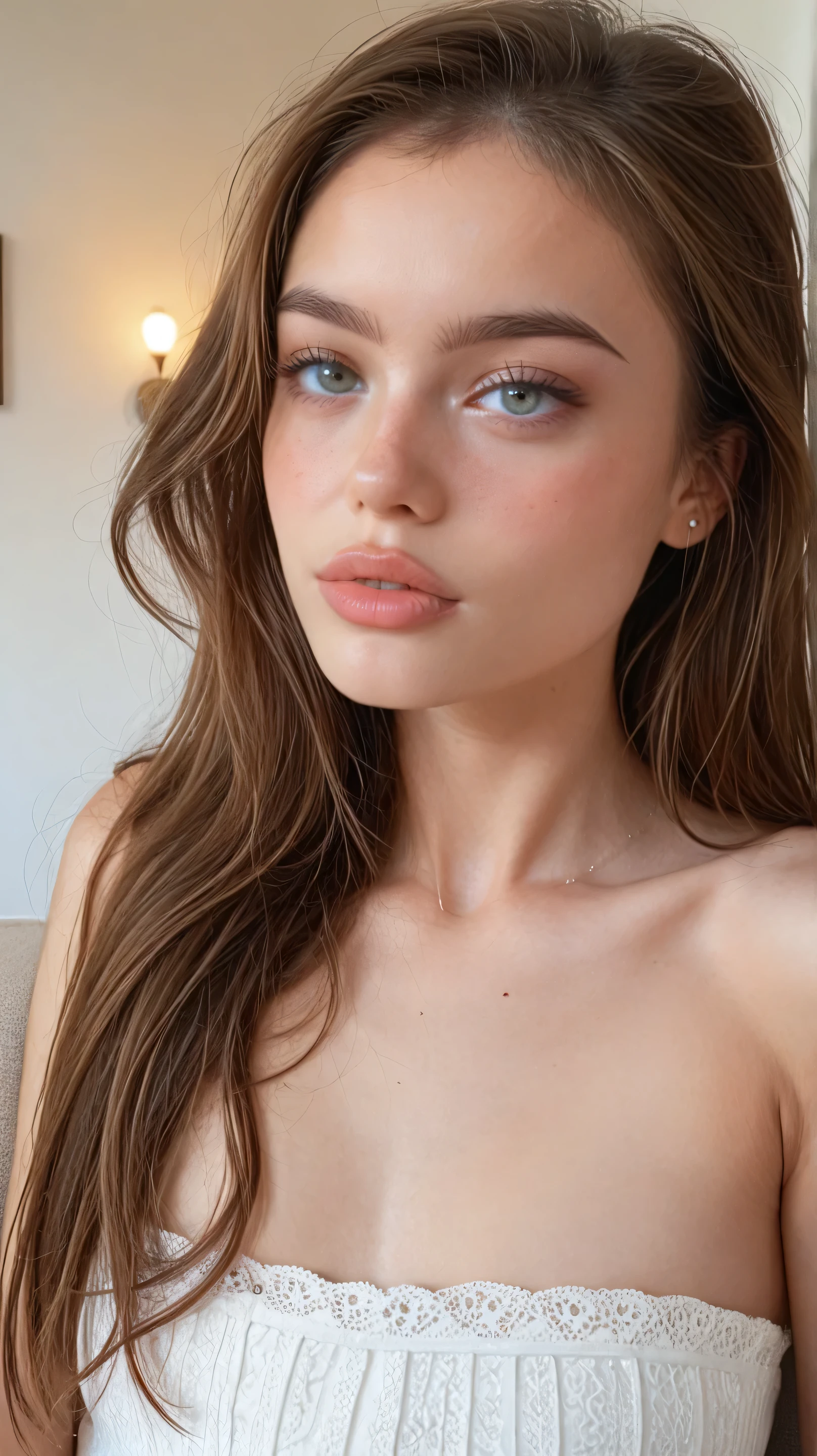 Very beautiful portrait of 18 years old petite girl with nice cute symmetrical facez realistic eyes, small nose, sensitive lips, sunburned a little bit skin, very long brown haircut, posing on a sofa in very sexy out fit. We can see her full body in paris