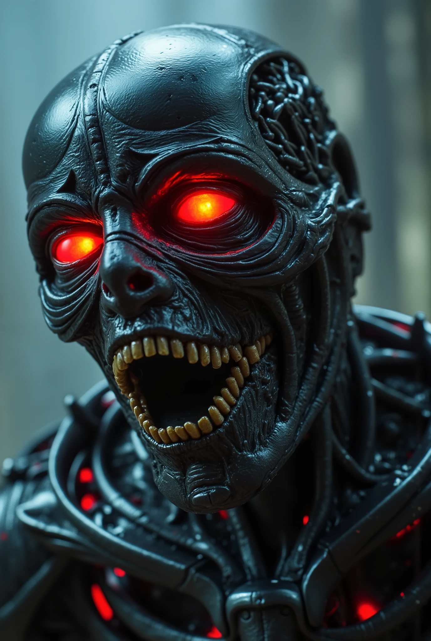 a close up of a creepy looking man with a hat on, movie still of a alien cyborg, from a 2 0 1 9 sci fi 8 k movie, movie still of aztec cyborg, highly detailed barlowe 8 k, zombie from doom eternal, detailed practical effects, highly detailed surreal vfx, christopher lloyd as belial, vfx film closeup --auto --s2