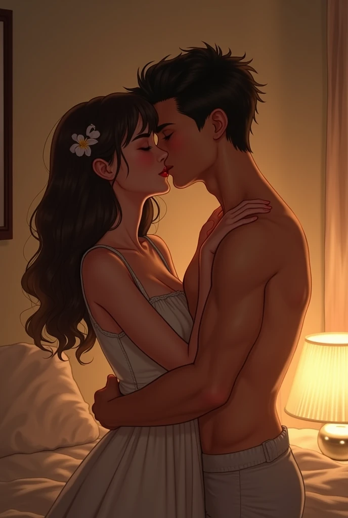 in cinimatic cartoon style,,nude girl sit on boy leg scene