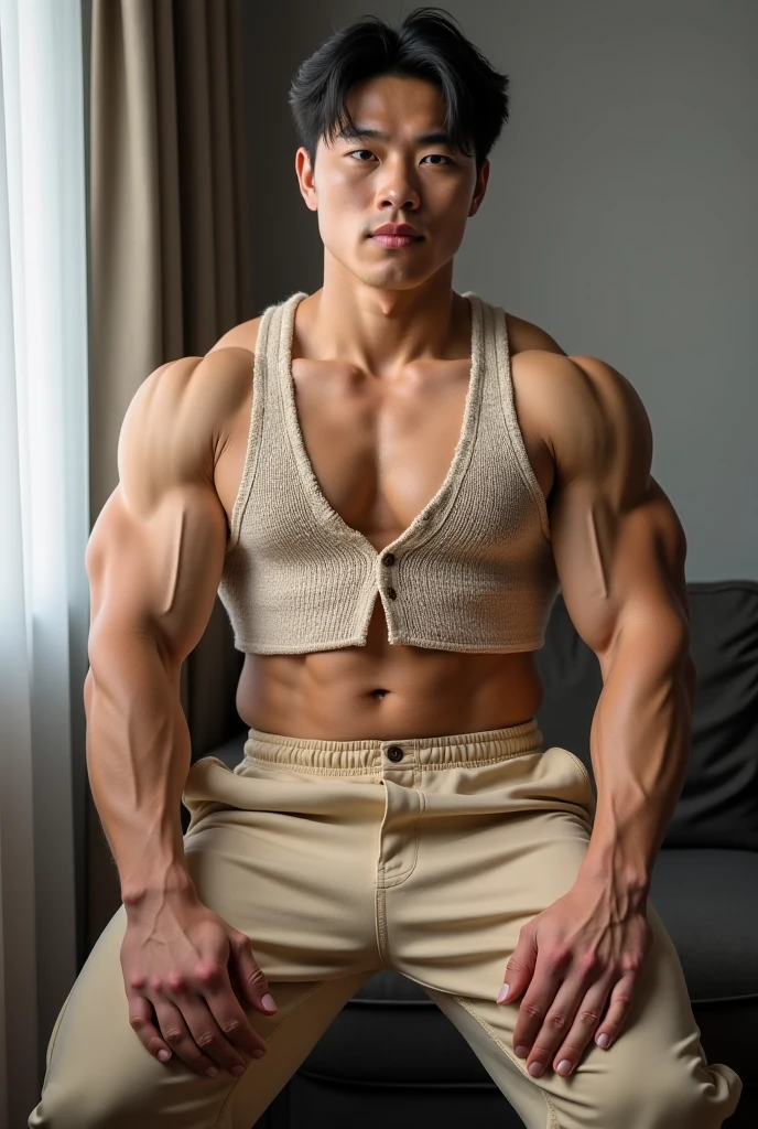 Hyper muscular ,young Asian,six pack