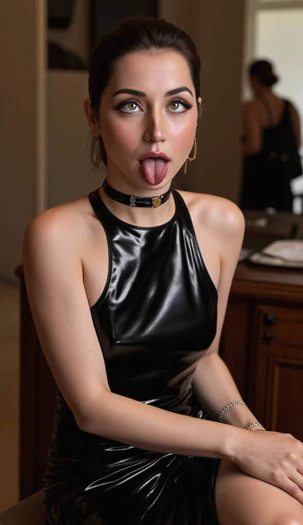 argentinian girl, (very young, adolescent), (curly ginger mullet, very small breasts, very skinny, nose ring), (black latex bodysuit, choker), (close shot, face shot, intimate camera, cinematic)