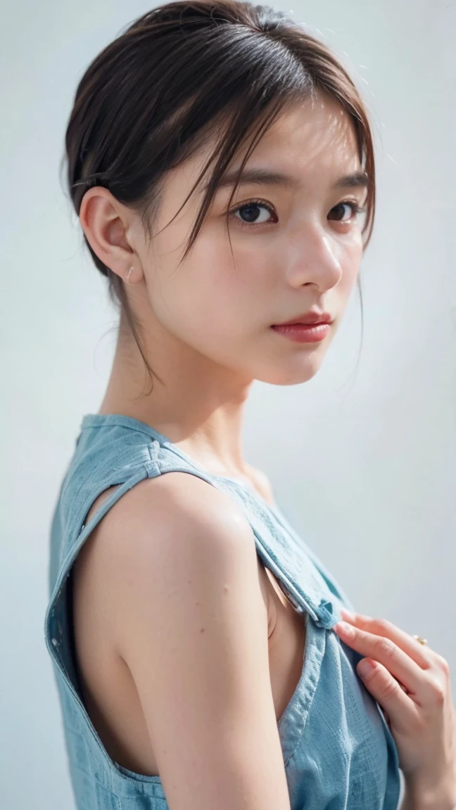 ((((masterpiece, best quality, high resolution)))), Extremely detailed 8K, Beautiful girl with voluptuous body, (Ultra HD, Ultra-detailed, Highly detailed, Highly realistic, Ultra-realistic, photograph realistic), (1girl:1.5), (Realistic white hair), short wavy black hair, bob cut, (dynamic poses), facing at camera, light smile, purple eyes, average breasts, (beautiful detailed face, beautiful detailed eyes), (white tank top, thin material), cleavage, dark jean shorts, glow, sweat, (sunbeam, sunlight)、Fishnet tights