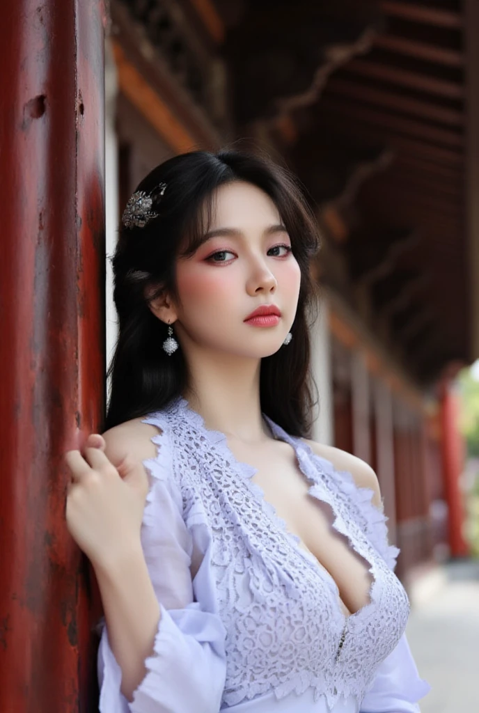 Gorgeus Girl, Beautiful, Baby Face, 20 Years Old, White Skin, Large Colossal Breasts, Pose, (Tuquoise Kebaya), Tuquoise Indonesian Kebaya, Brown Retina, Muscles, Bokeh, Indonesian Culture Background, Masterpiece, Portrait, Straight Silver Hair, Perfect Lighting, HDR, ((Tuquoise Coloured)), ((Tattooed:1.0)), Open Mouth, Arms Raised
