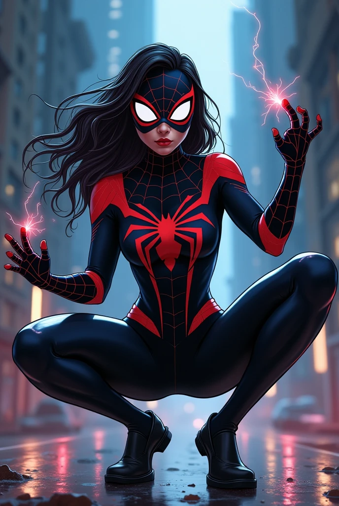 african girl, black skin, comic accurate Miles Morales Spider Man costume, black spandex, combat stance, highly detailed, vibrant appearance, creative behavior, extremly detailed, imaginative, sensual, spontaneous, small breasts, sexi, revealing, highest quality, skin texture, intricate details, (cinematic lighting), RAW photo, 8k, masterpiece,best quality,ultra-detailed,very detailed illustrations,extremely detailed,intricate details,highres,super complex details,extremely detailed 8k cg wallpaper,