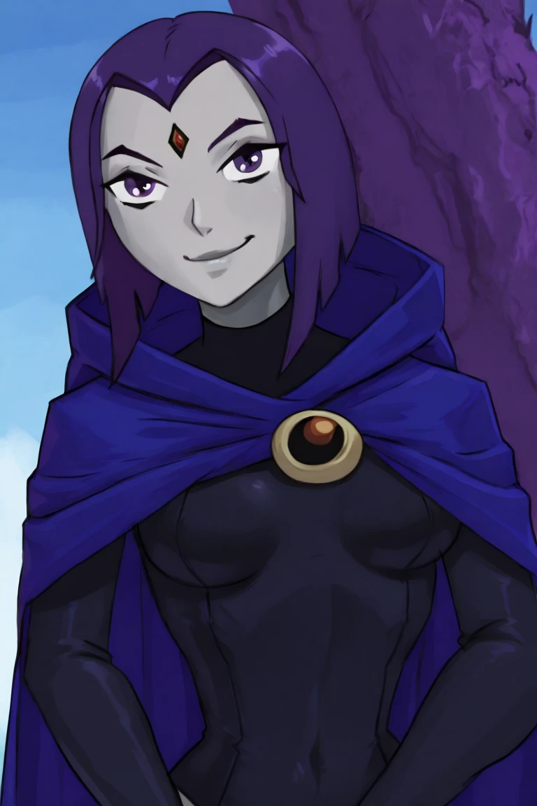 score_9, score_8_up, score_7_up, score_6_up, score_5_up, score_4_up, source_furry, kemono style, Anthro girl, raven teen titans, short purple hair, she is an Anthro white rabbit girl, long white rabbit ears, furry white bunny girl, bunny snout, pink bunny nose,  (furry white furred body, fluffy body):2, wearing black leotard, blue hooded cloak, face shrouded in shadow
