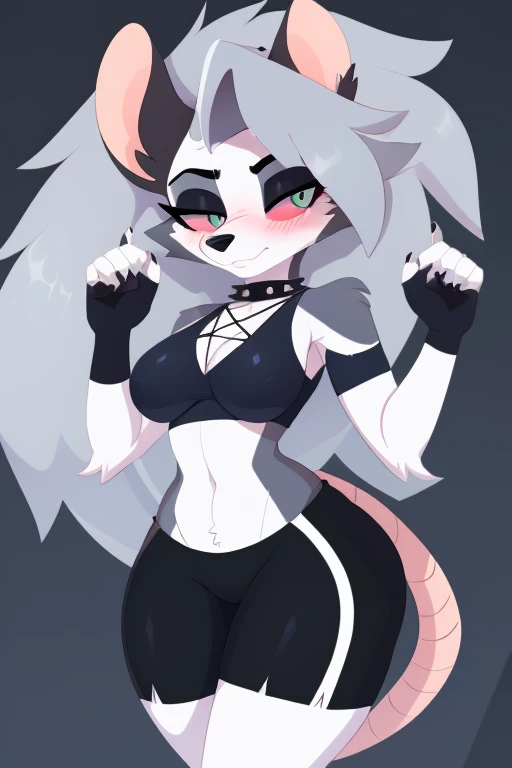 high quality, high detail, furry, one grey tabaxi, grey eyes, guy, skinny and long, long black hair off to the side, dnd art, fighter, no clothes