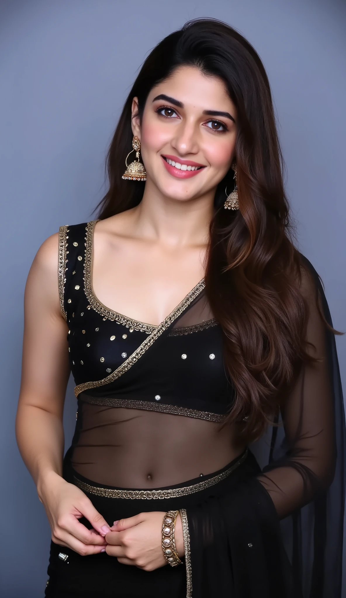 Indian Beautiful Celebrity, looking at the camera and Smiling,Big round natural , Wearing Transparent Black Saree, without Blouse, Wearing Necklace, earrings, Standing, Giving looks, Holding a Board written " Desi Randi" in it.