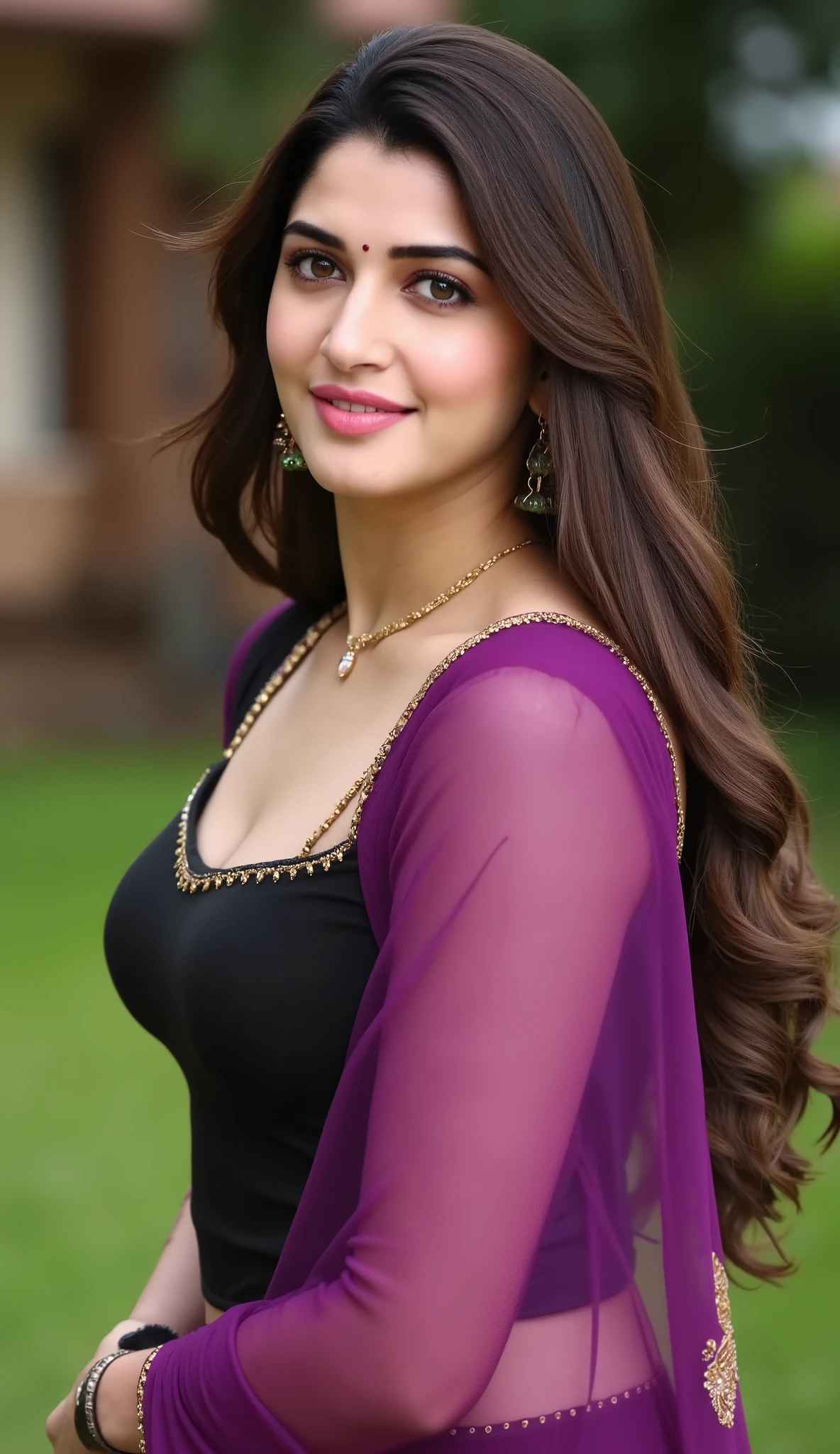 Indian Beautiful Celebrity, looking at the camera and Smiling,Big round natural Breast, Wearing Thin Purple Saree,Tight Black Blouse, Wearing Necklace, earrings, Standing, Giving seductive looks, Blurred Background,Flower field.